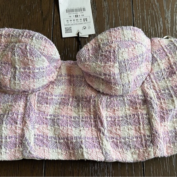 Zara Corset Half Textured Pink Purple Size M Top Crop top Bustier Tweed Plaid - Picture 2 of 7